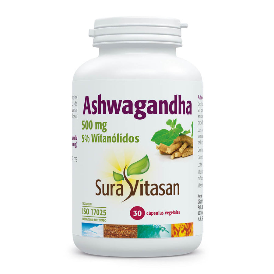 Envase de extracto de ashwagandha 500 mg en cápsulas