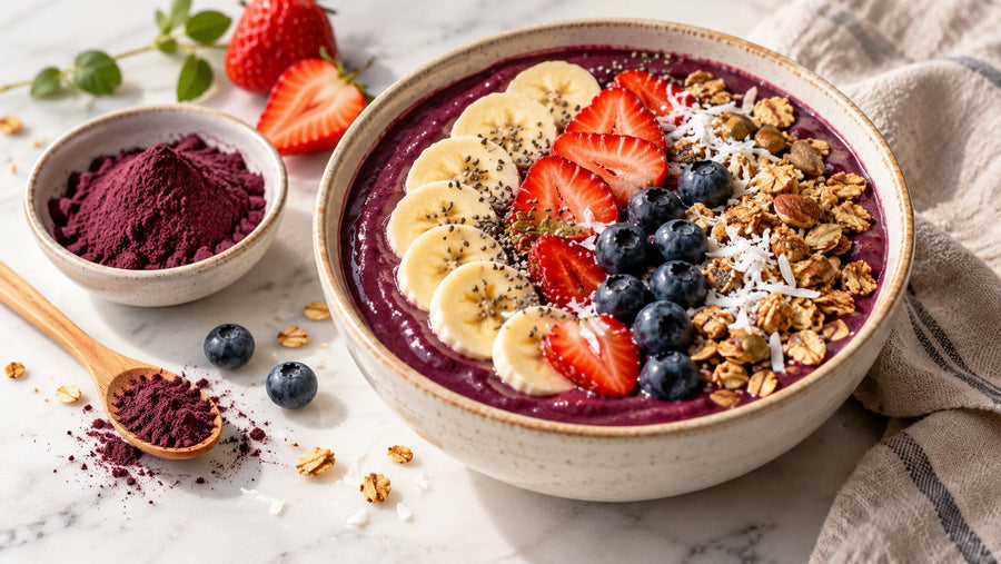 Açaí bowl con plátano, frutos rojos y granola