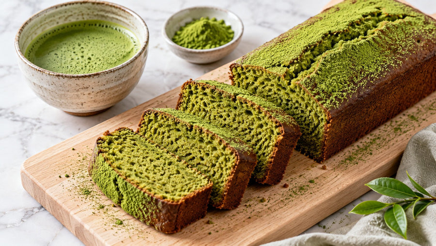 Bizcocho de matcha cortado en rebanadas