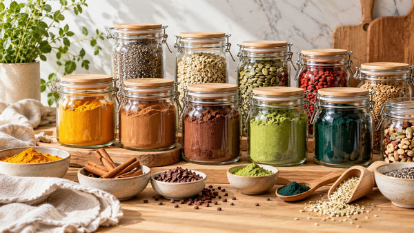 Tarros herméticos con especias y superalimentos en la despensa
