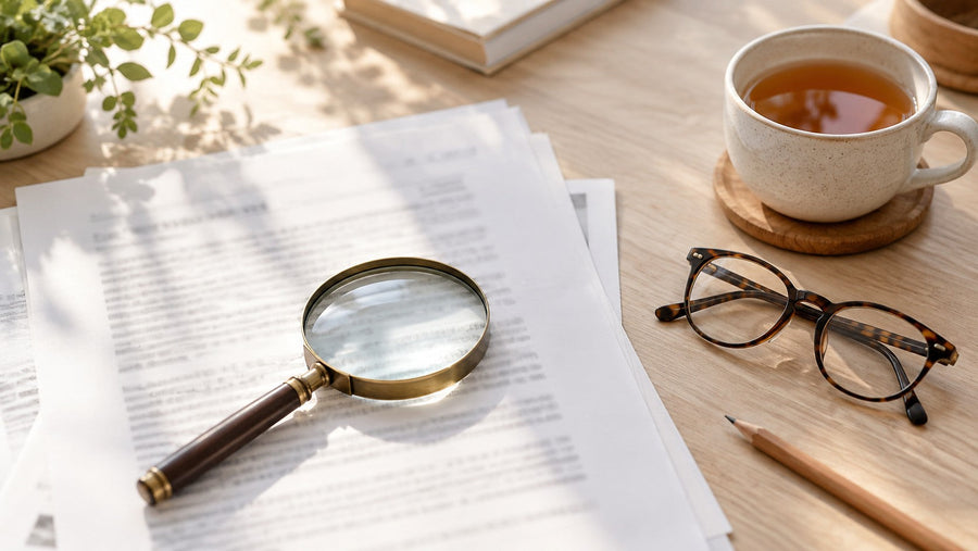 Escritorio con documentos científicos, lupa y gafas