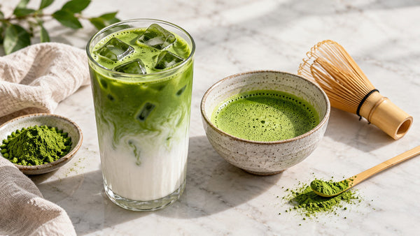 Matcha latte helado junto a un cuenco de matcha y batidor de bambú