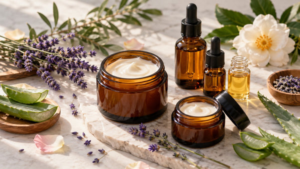 Tarros de cosmética natural con lavanda y aloe vera