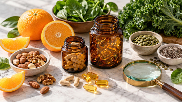 Botes de complementos junto a alimentos frescos ricos en nutrientes