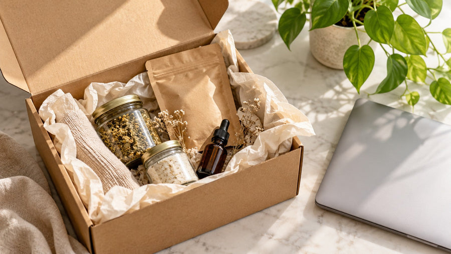 Caja de pedido online abierta con productos naturales