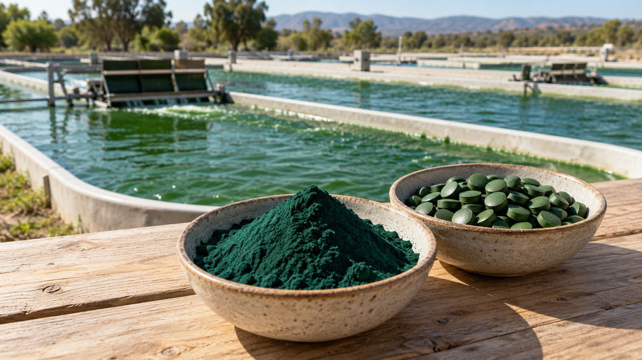 Estanques de cultivo de microalgas con espirulina y chlorella