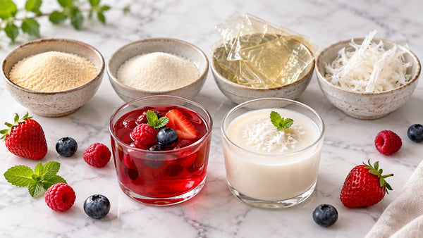 Distintos gelificantes: gelatina en polvo, hojas de gelatina y agar-agar, con postres cuajados