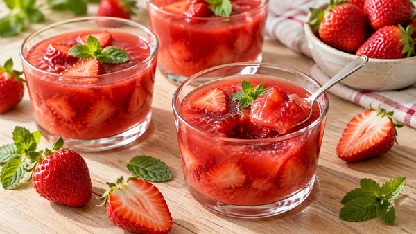 Vasos de gelatina casera de fresa con fruta natural y fresas frescas