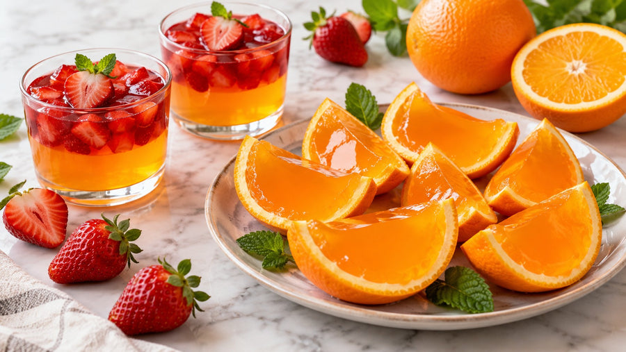 Gelatina de naranja casera servida en cáscaras de naranja