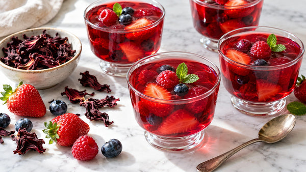 Gelatina casera de flor de jamaica con frutos rojos en vasitos de cristal