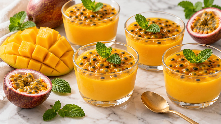 Gelatina casera tropical de mango y maracuyá en vasitos con fruta fresca