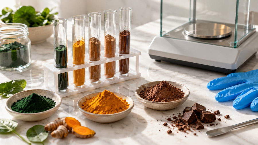 Tubos de ensayo con muestras de superalimentos en un laboratorio