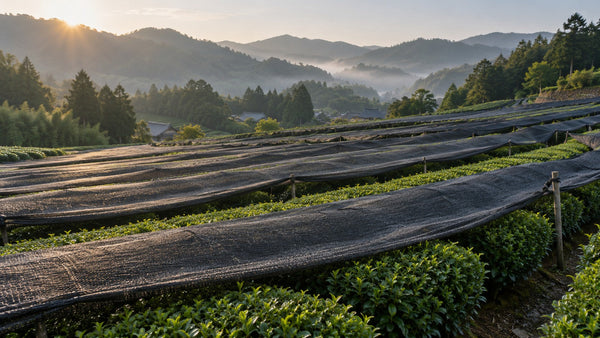 Plantación de té en Japón con cultivo a la sombra para matcha