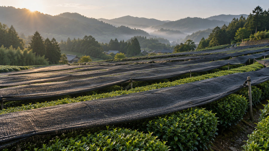 Plantación de té en Japón con cultivo a la sombra para matcha