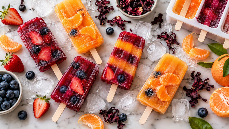 Paletas heladas caseras de gelatina con fruta natural sobre hielo