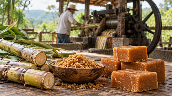 Caña de azúcar y bloques de panela colombiana