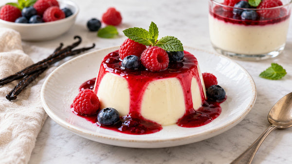 Panna cotta de vainilla con coulis de frutos rojos, frambuesas y arándanos