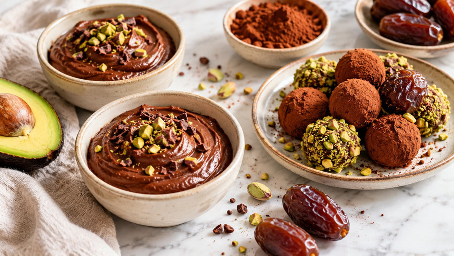 Mousse de cacao y trufas de cacao con dátiles y pistachos