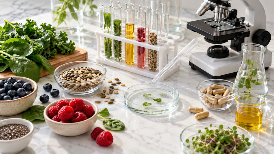 Material de laboratorio junto a alimentos naturales