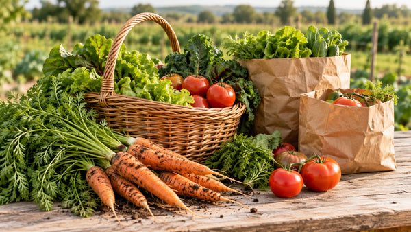 Verduras ecológicas recién cosechadas en una cesta