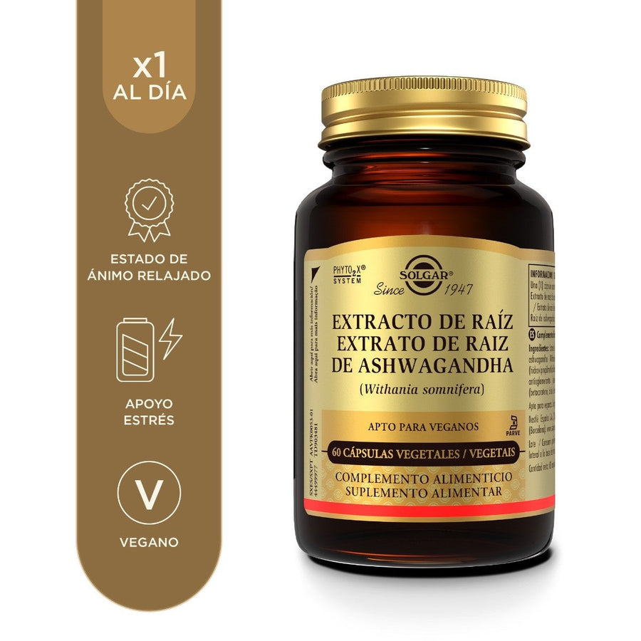 Envase de extracto de raíz de ashwagandha en cápsulas