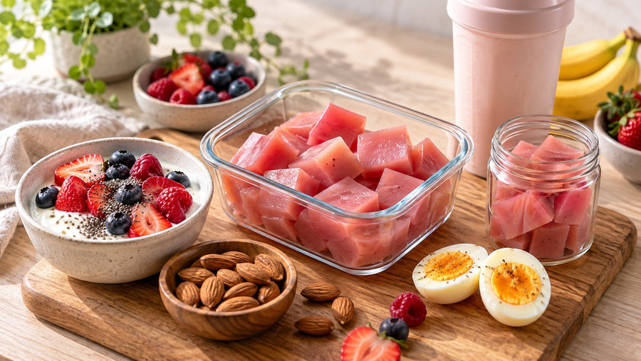 Snacks caseros altos en proteína con cubos de gelatina, yogur, almendras y huevo