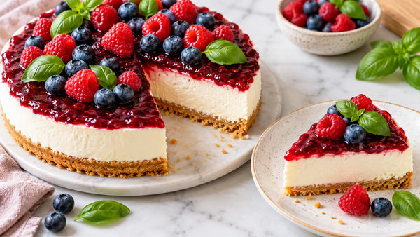 Tarta de queso sin horno con base de galleta y frutos rojos