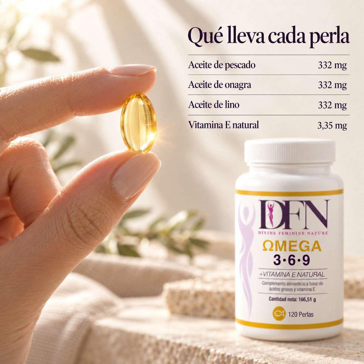 Qué lleva cada perla de Omega 3 6 9 DFN: aceite de pescado, onagra y lino 332 mg y vitamina E natural 3,35 mg