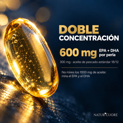 Omega 3 Naturcuore alta concentración: 600 mg de EPA y DHA por perla, el doble que un aceite de pescado estándar