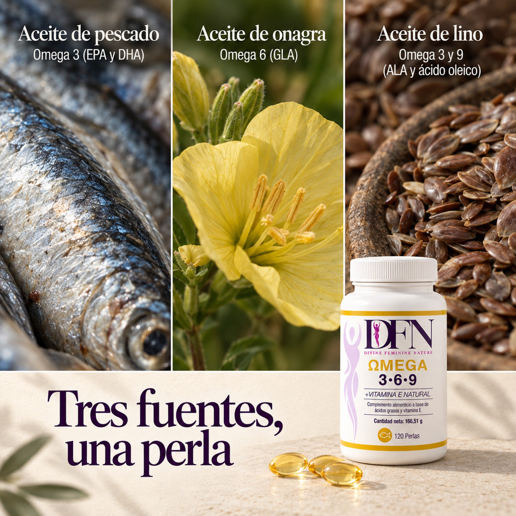 Tres fuentes en una perla: aceite de pescado (EPA y DHA), aceite de onagra (GLA) y aceite de lino (ALA y ácido oleico)