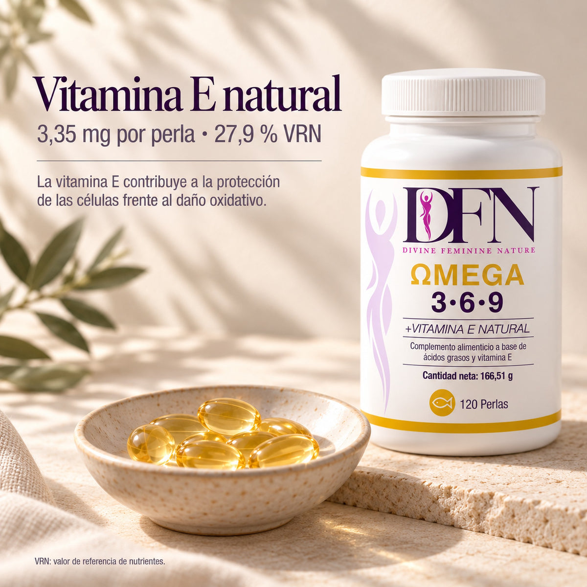 Omega 3 6 9 DFN con vitamina E natural: 3,35 mg por perla, 27,9 % VRN