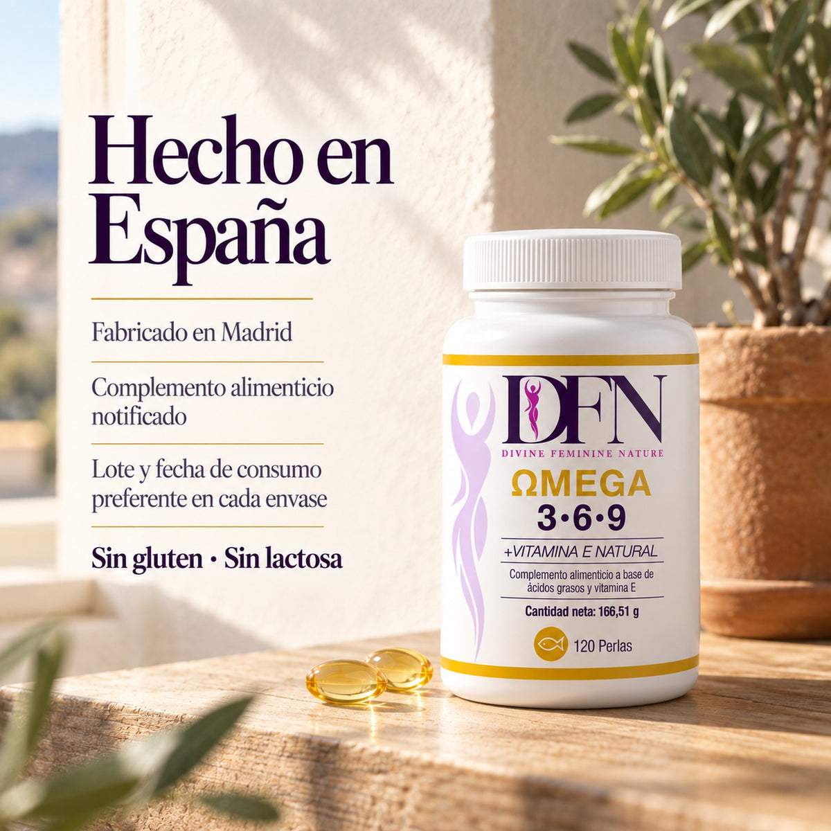 Omega 3 6 9 DFN hecho en España, fabricado en Madrid, sin gluten y sin lactosa