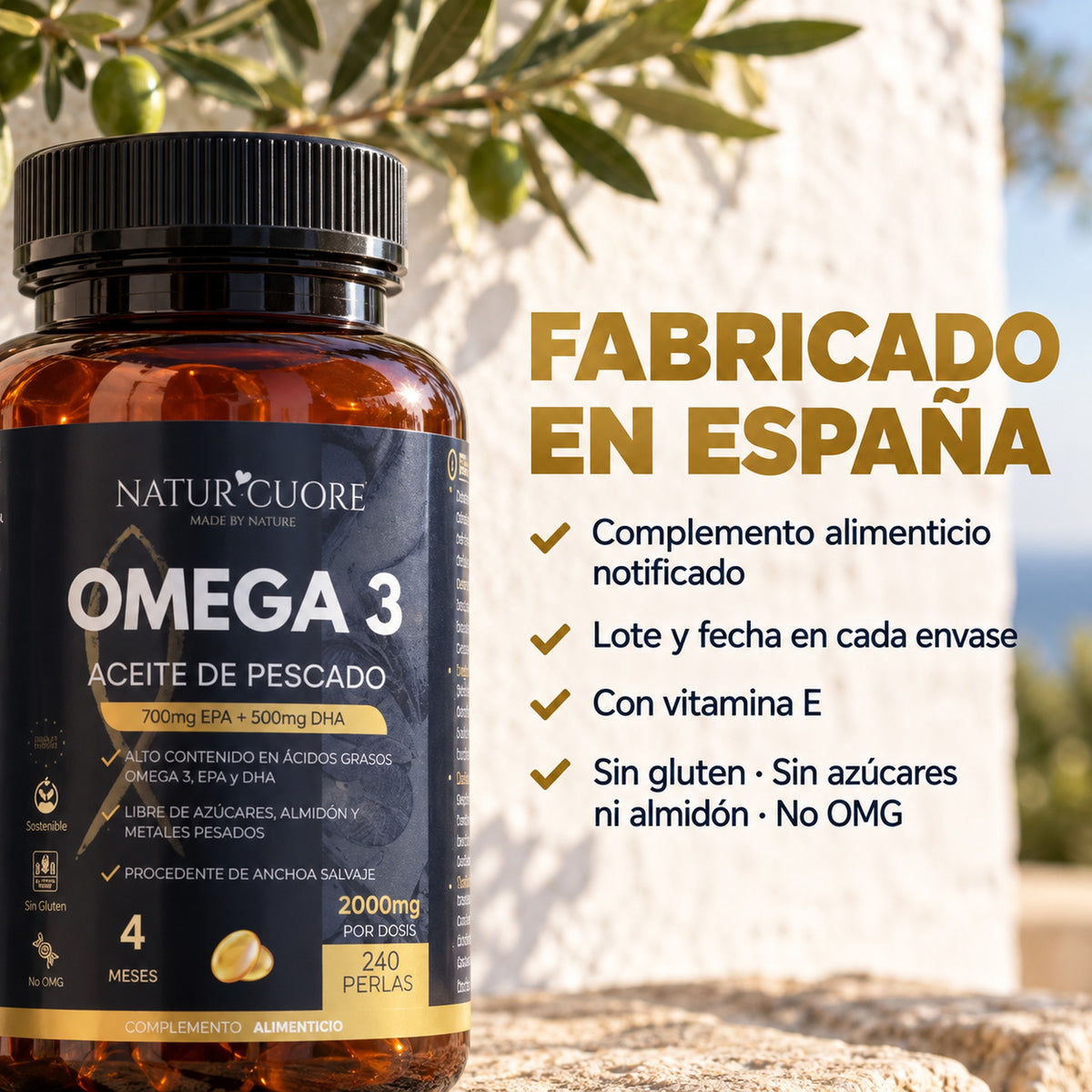 Omega 3 Naturcuore fabricado en España, con vitamina E, sin gluten, sin azúcares ni almidón