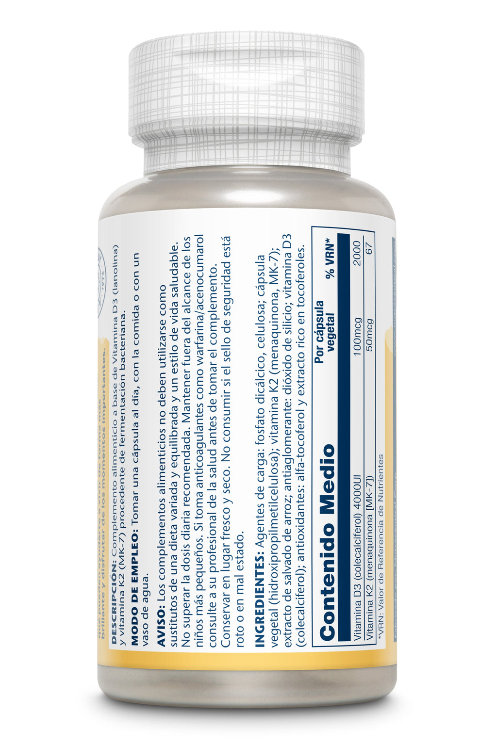 Solaray Vitamina D3 y K2 MK-7 de 60 cápsulas, vista lateral de la etiqueta