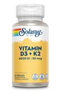 Solaray Vitamina D3 y K2 MK-7, envase de 60 cápsulas vegetales, vista frontal