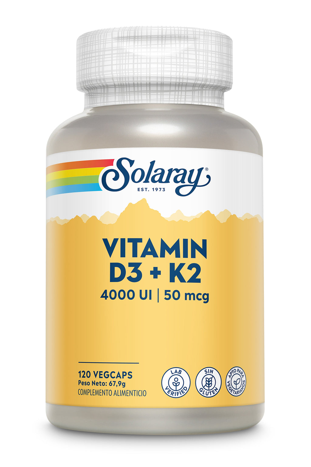 Solaray Vitamina D3 y K2 MK-7, envase de 120 cápsulas vegetales, vista frontal
