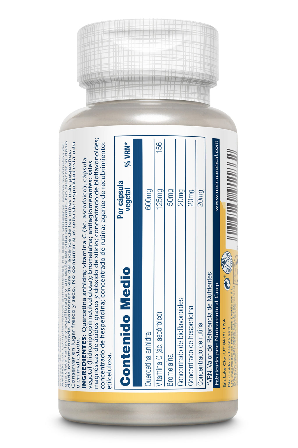 Solaray Mega Quercetina 600 mg de 30 cápsulas, vista lateral de la etiqueta