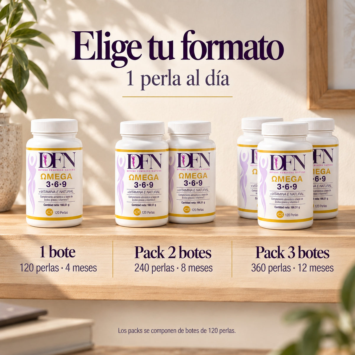 Formatos del Omega 3 6 9 DFN: 1 bote de 120 perlas, pack ahorro de 2 botes (240 perlas) y de 3 botes (360 perlas)