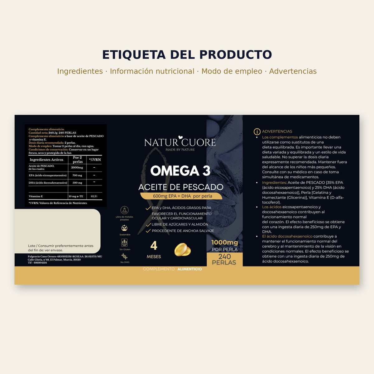Etiqueta del Omega 3 Naturcuore 240 perlas: ingredientes, información nutricional, modo de empleo y advertencias