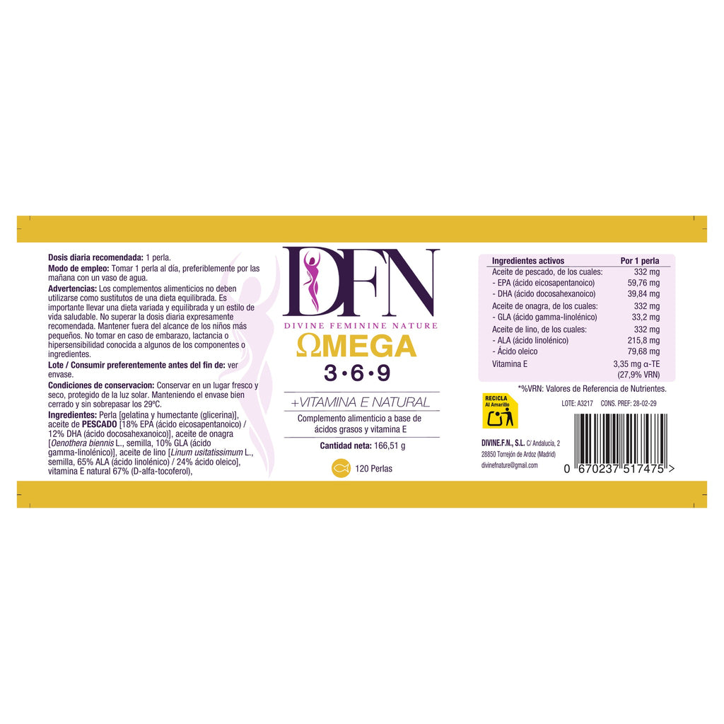 Etiqueta del Omega 3 6 9 DFN con ingredientes, información por perla, modo de empleo, advertencias y operador responsable