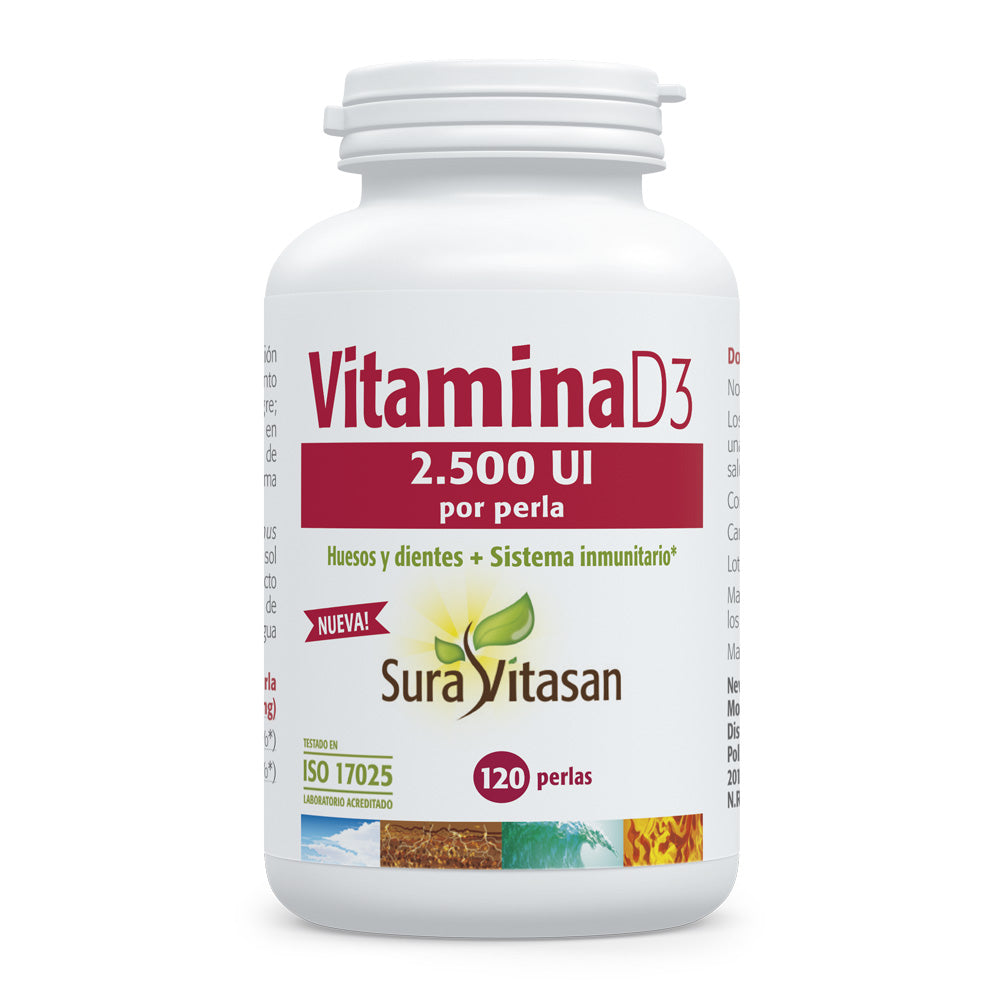 Envase de Vitamina D3 2.500 UI perlas de Sura Vitasan, vista principal del producto