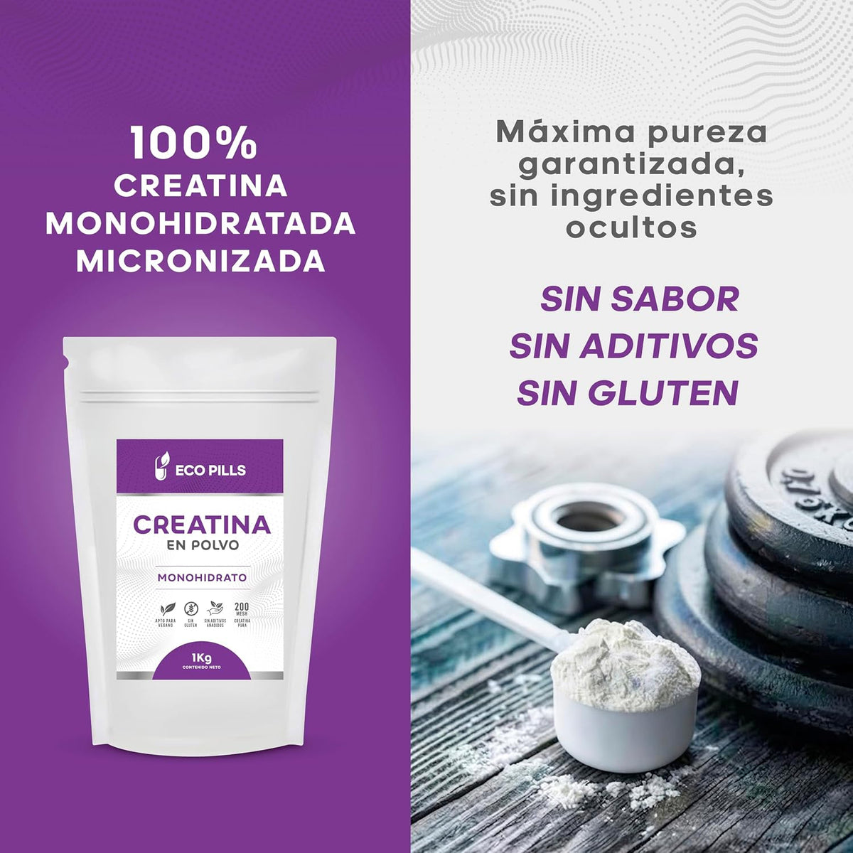 100% creatina monohidratada micronizada: sin sabor, sin aditivos y sin gluten
