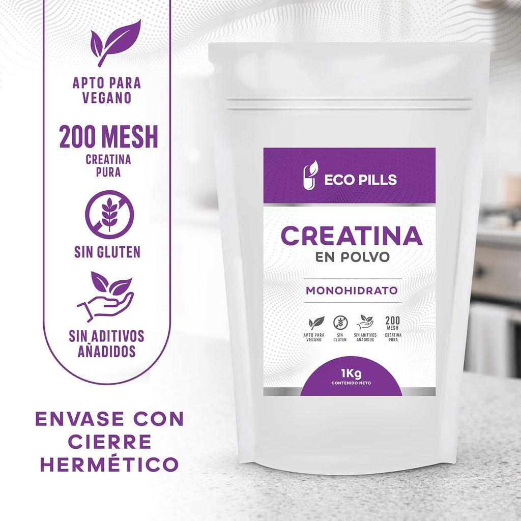 Creatina Eco Pills: apta para veganos, 200 mesh, sin gluten, sin aditivos y envase con cierre hermético
