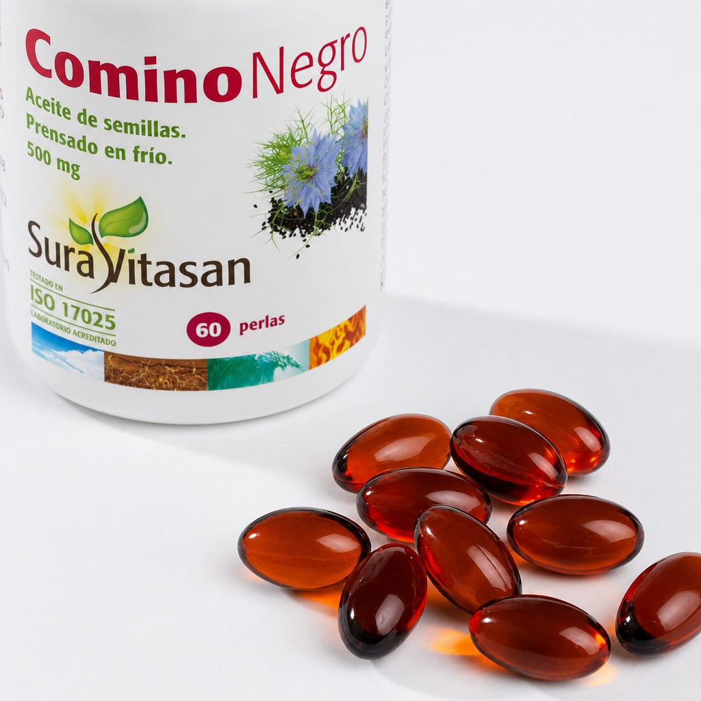 Envase de Sura Vitasan Aceite de Comino Negro (Nigella sativa) 60 perlas, vista frontal