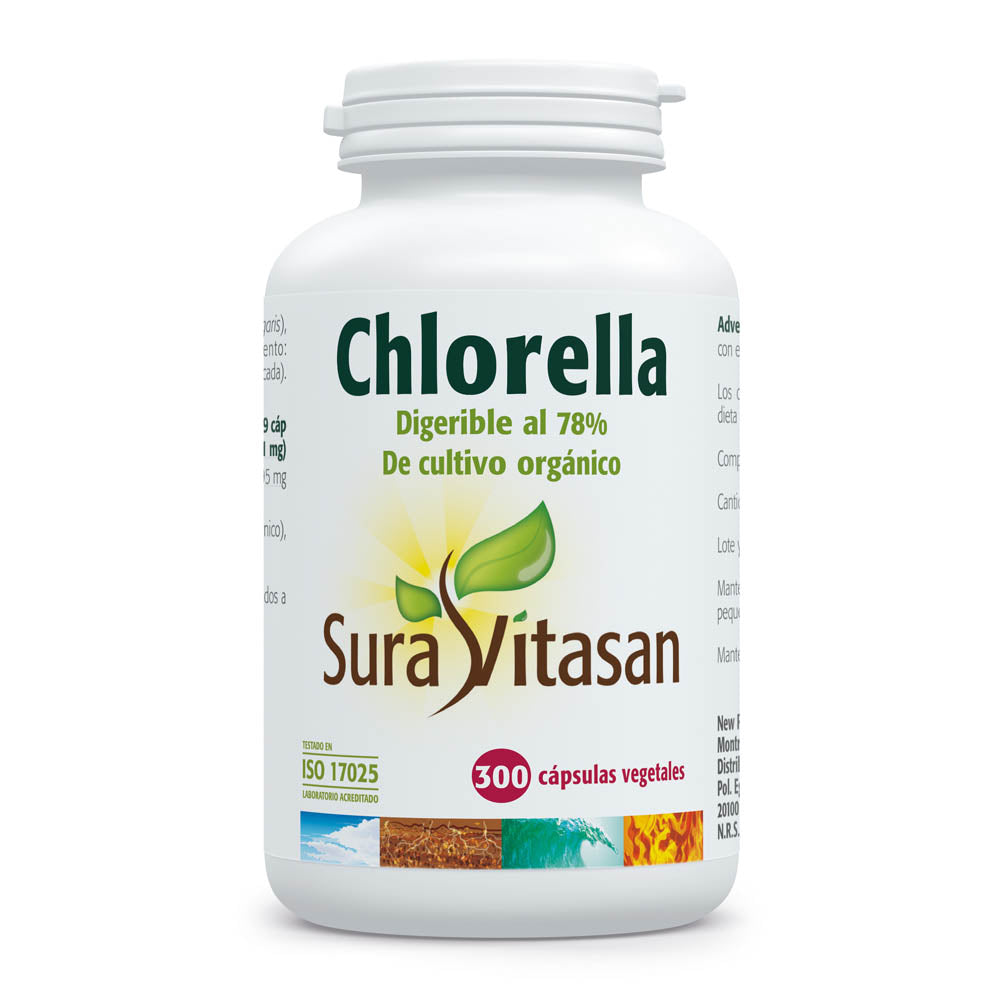 Envase de Sura Vitasan Chlorella pared celular rota 60 cápsulas, vista frontal
