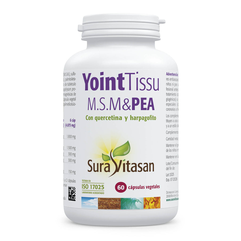Envase de Sura Vitasan Yoint Tissu MSM & PEA 60 cápsulas, vista frontal