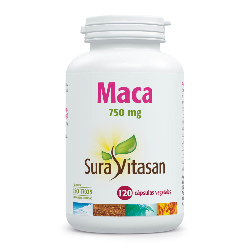Sura Vitasan Maca raíz de maca Lepidium meyenii 750 mg por cápsula – 120 cápsulas – envase, vista frontal