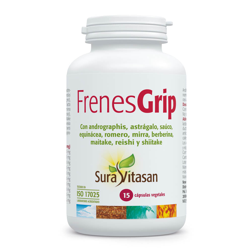 Envase de Sura Vitasan Frenes Grip con andrographis y equinácea 15 cápsulas, vista frontal