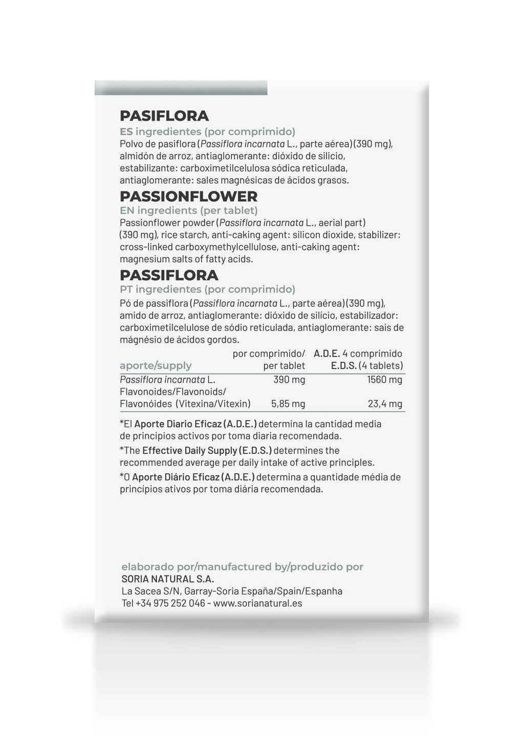 Soria Natural Pasiflora 60 comprimidos, parte trasera con ingredientes