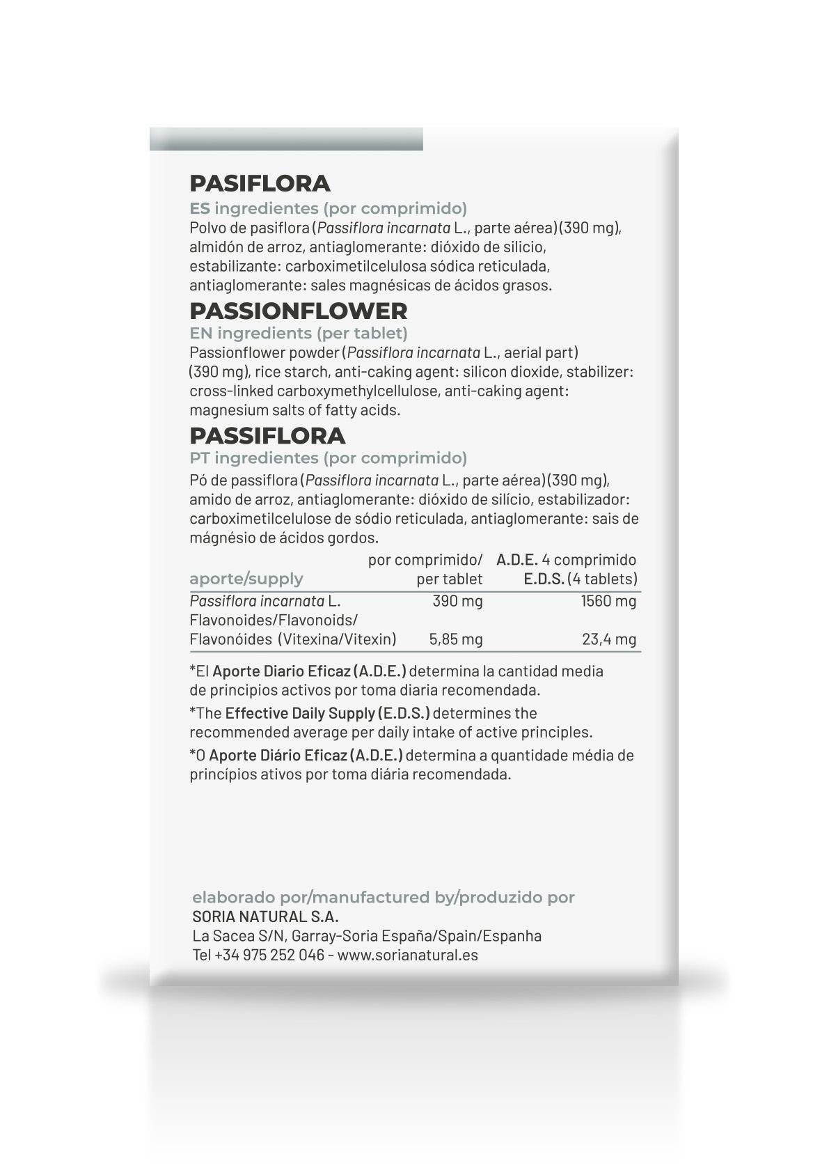 Soria Natural Pasiflora 60 comprimidos, parte trasera con ingredientes